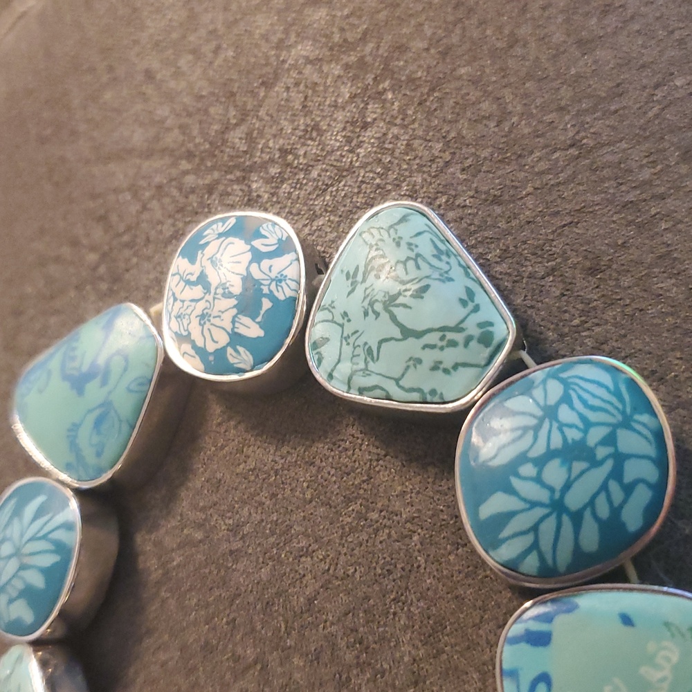Viva Beads Turquoise Floral Tile Bracelet | Silver Tone Statement | Boho Coastal - Picture 8 of 8